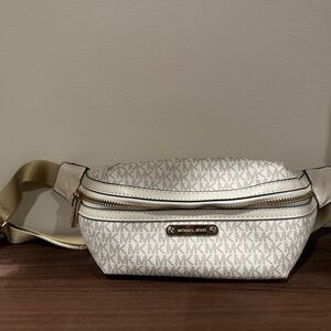 Michael Kors White and Light Gray MK Monogram Belt Bag